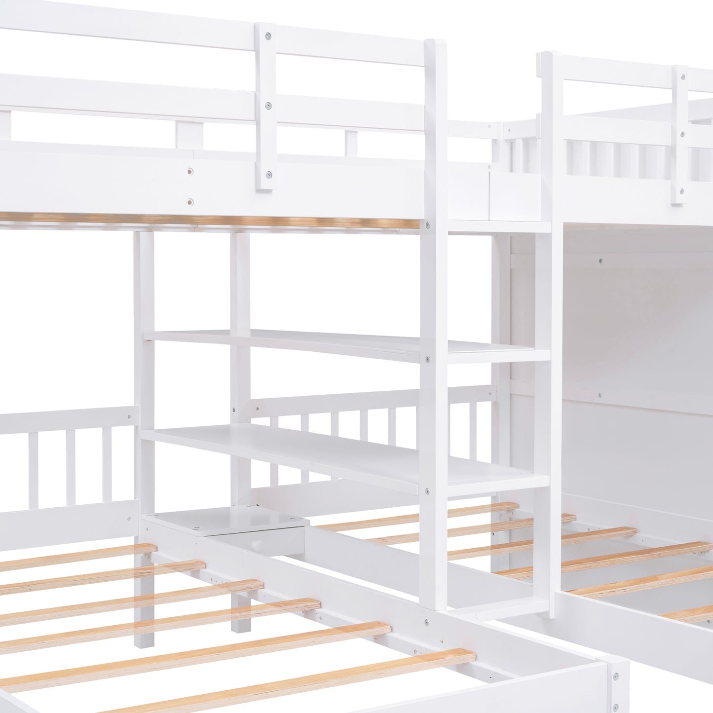 Triple Bunk Bed with Shelves, Wardrobe, and Mirror in White - Space-Saving Family Bunk Bed