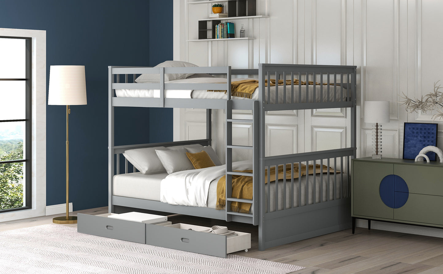 Gray Full-Over-Full Bunk Bed with Storage Drawers and Ladders