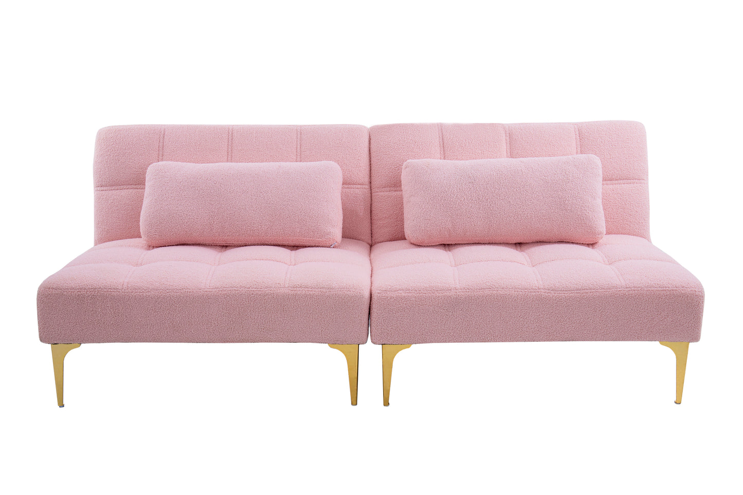 Convertible Pink Teddy Fabric Sofa Bed with Gold Metal Legs