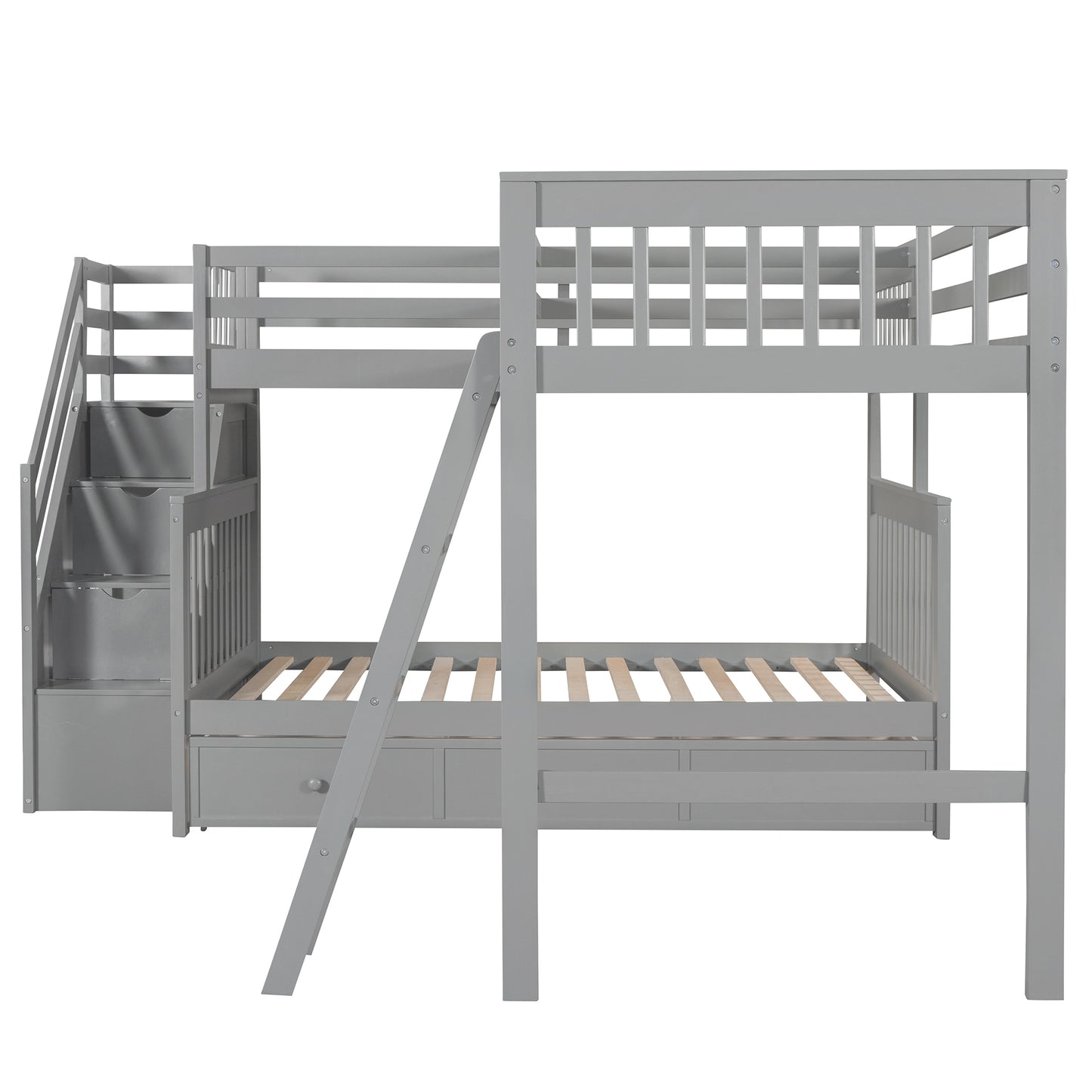 Gray Twin over Full L-Shaped Bunk Bed with Storage Drawers