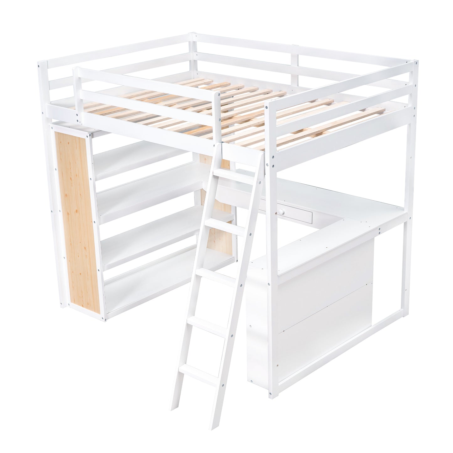 Full Size Loft Bed with Ladder, Shelves, and Desk, White