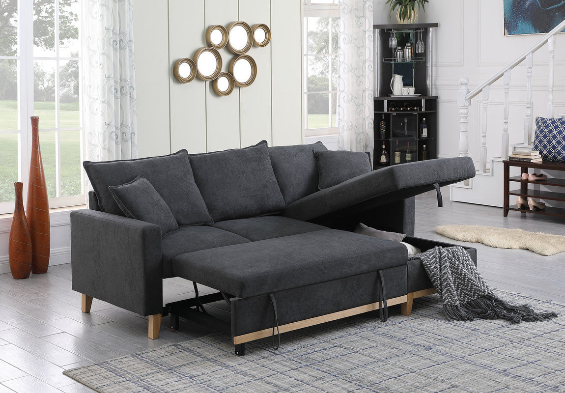 Convertible Dark Grey Upholstered Sleeper Sectional Sofa with Built-In Storage Chaise