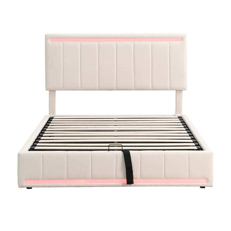 Full Size Upholstered Platform Bed with Hydraulic Storage System, LED Light, and a set of USB Ports and Sockets, Linen Fabric, Beige