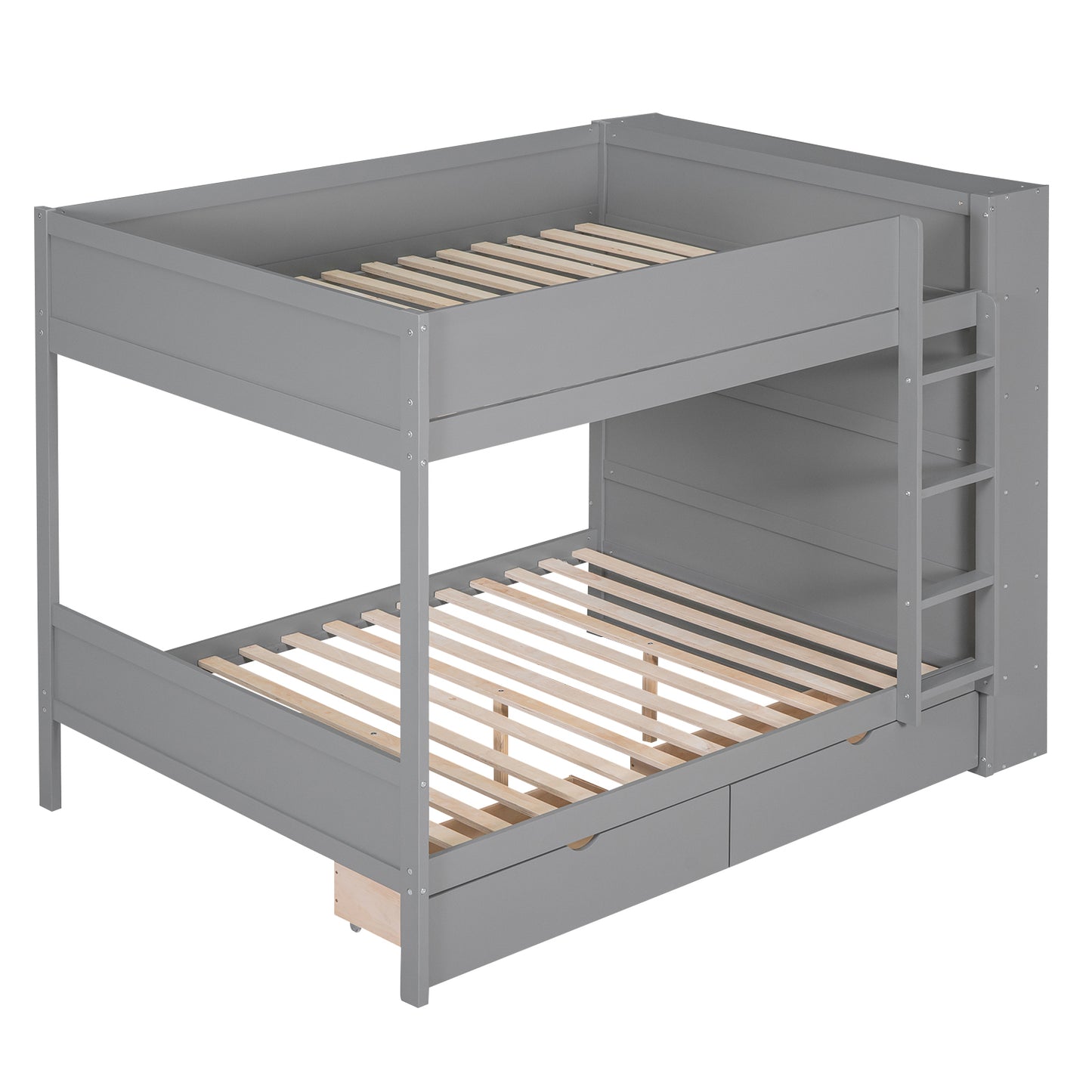 Gray Full over Full Bunk Bed with Storage Drawers and Cabinet for Kids