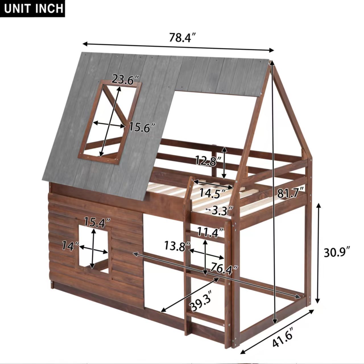 Cozy Rustic Oak and Smoky Grey House Bunk Bed with Roof, Ladder, and Windows for Kids