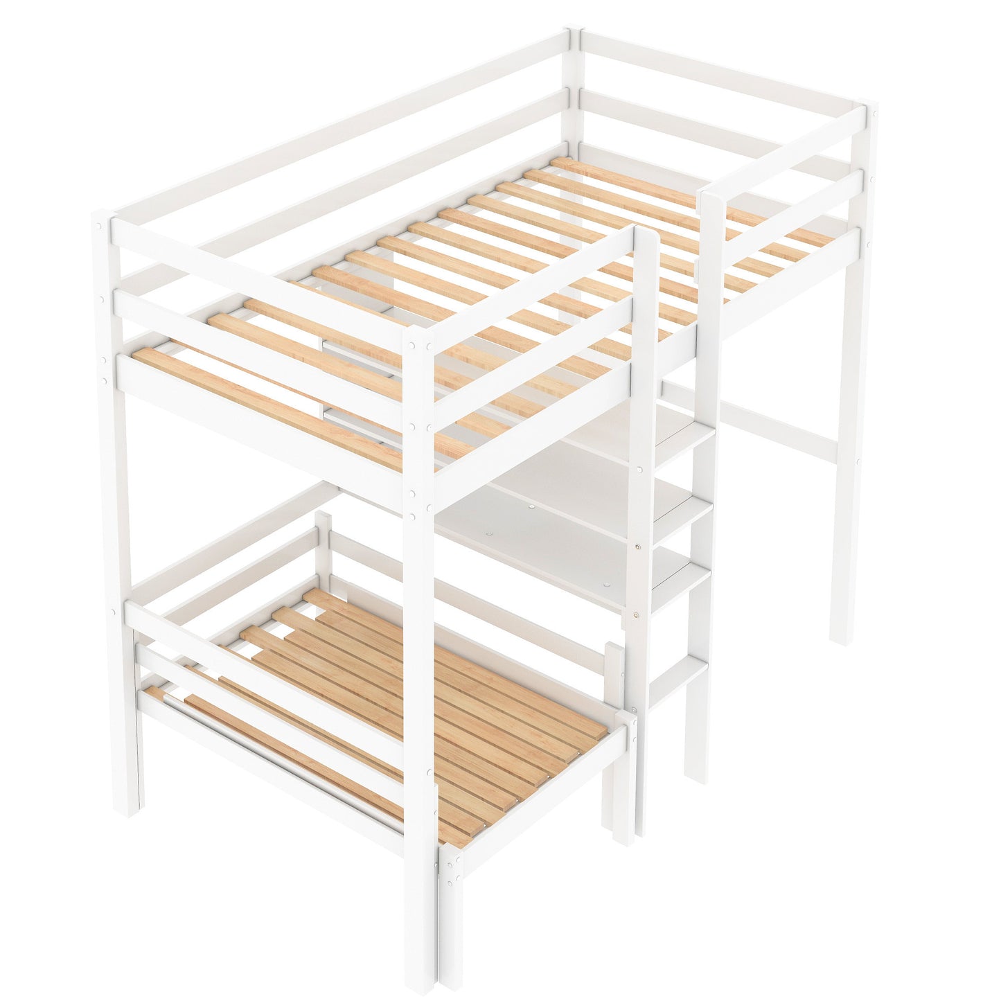 Convertible Loft Bed with L-Shaped Desk and Twin Bunk Bed in White Finish - Space-Saving Bedroom Solution