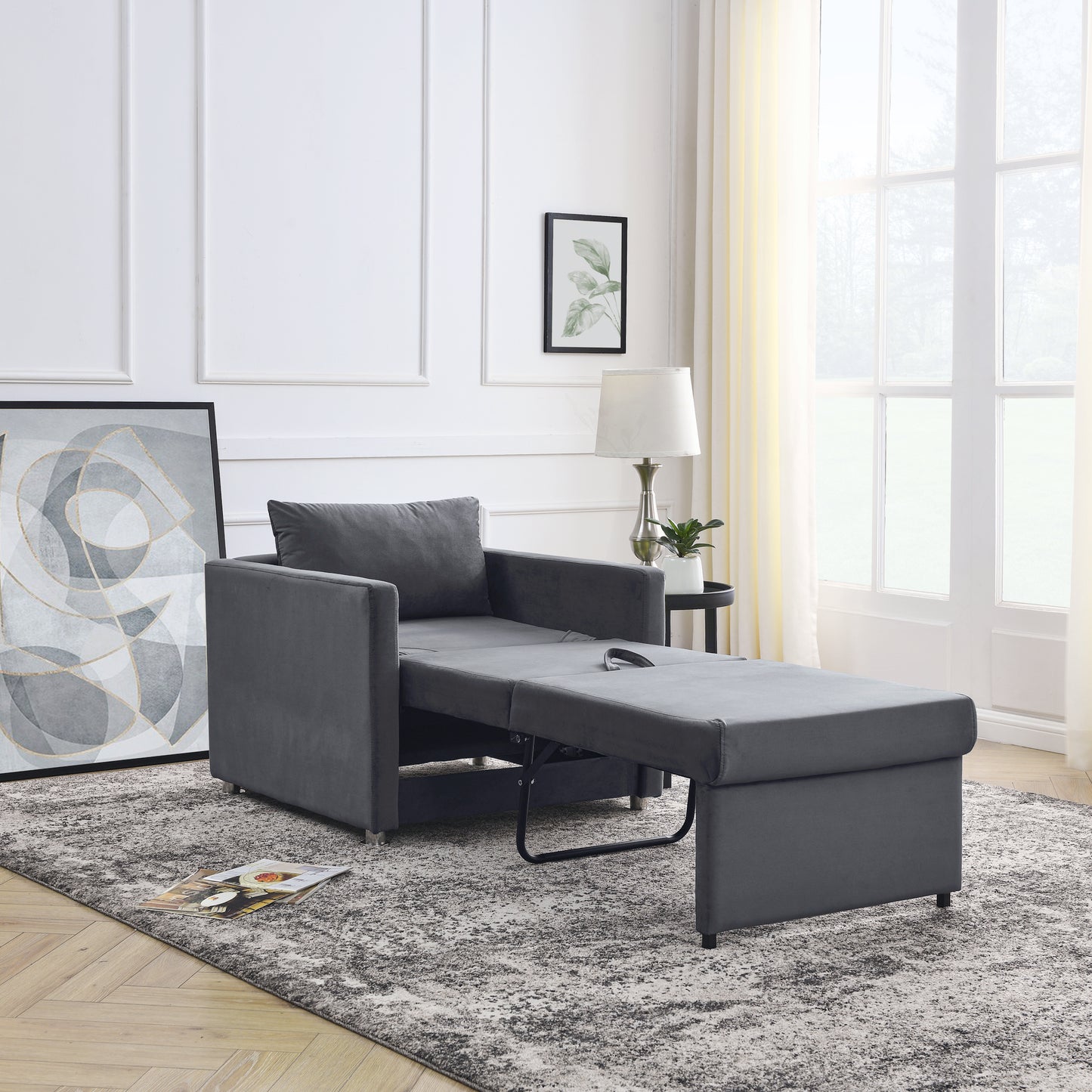 Sofa Bed Chair 2-in-1 Convertible Chair Bed, Lounger Sleeper Chair for Small Space with One Pillow, Grey Velvet