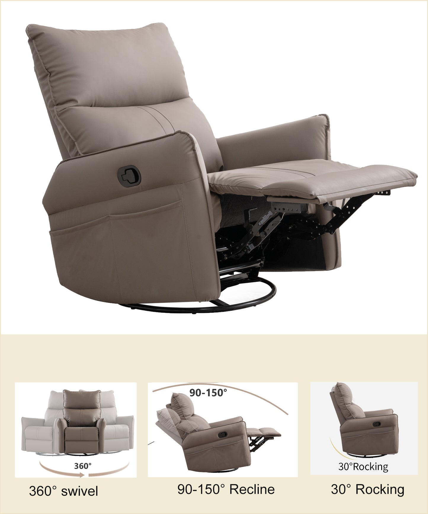 Brown PU Swivel Recliner Chair with Rocking Function