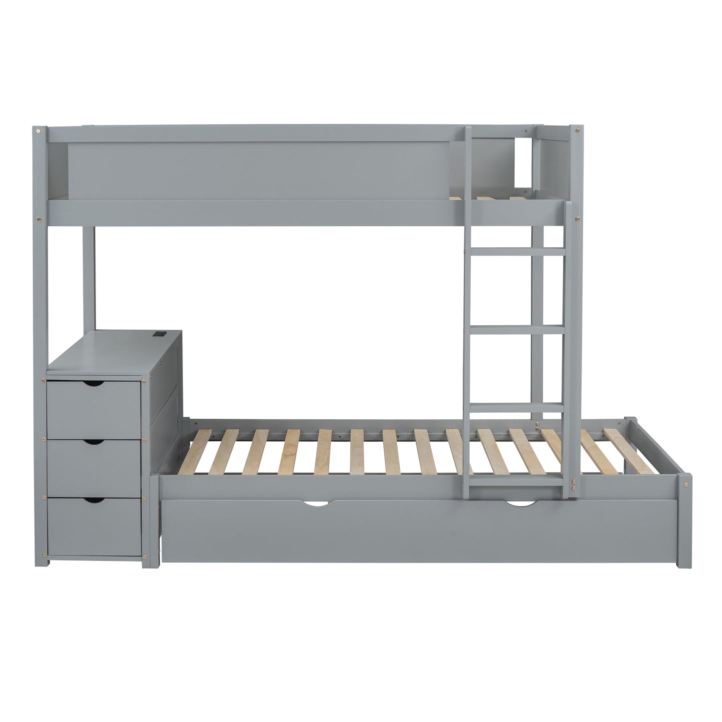 Gray Twin Bunk Bed Set with Trundle, Storage, Desk and USB Ports