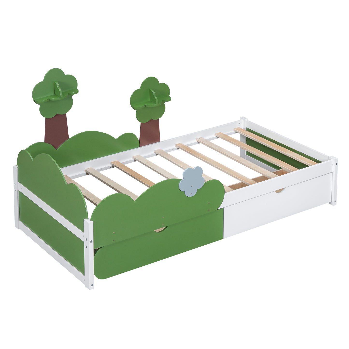 Twin Size Bed with Grass Hill and Trees Decor