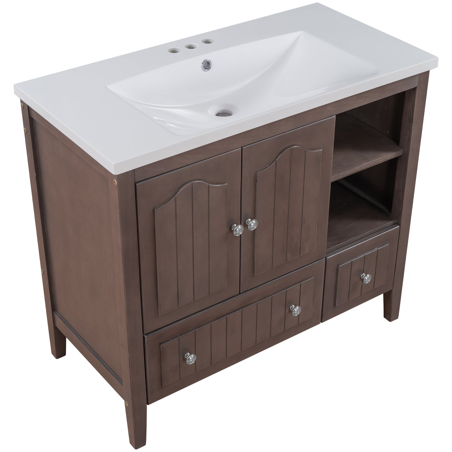 36" Bathroom Vanity with Ceramic Basin, Bathroom Storage Cabinet with Two Doors and Drawers, Solid Frame, Metal Handles, Brown