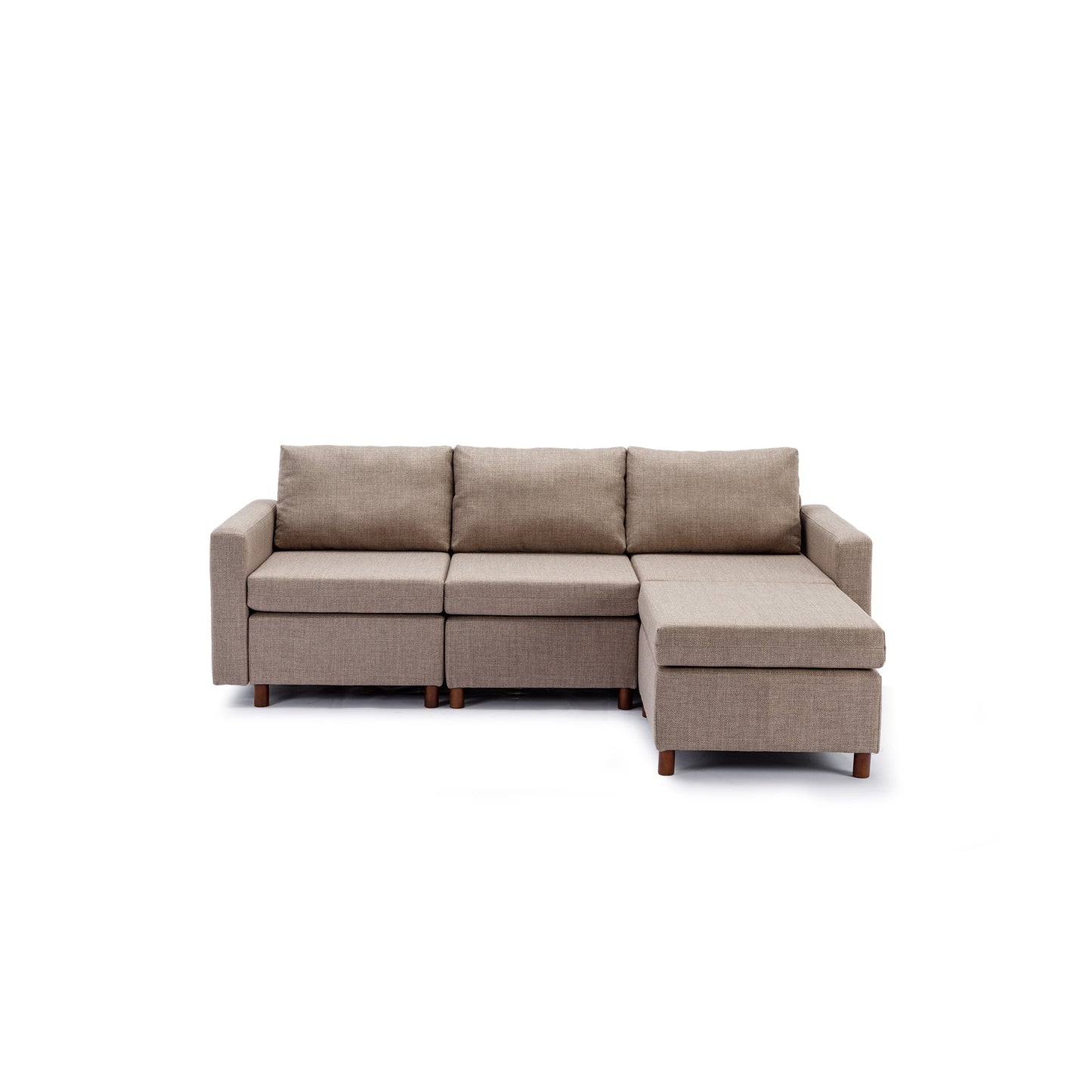 3-Seat Modular Sectional Sofa Set with Ottoman, High-Quality Linen Fabric, Brown