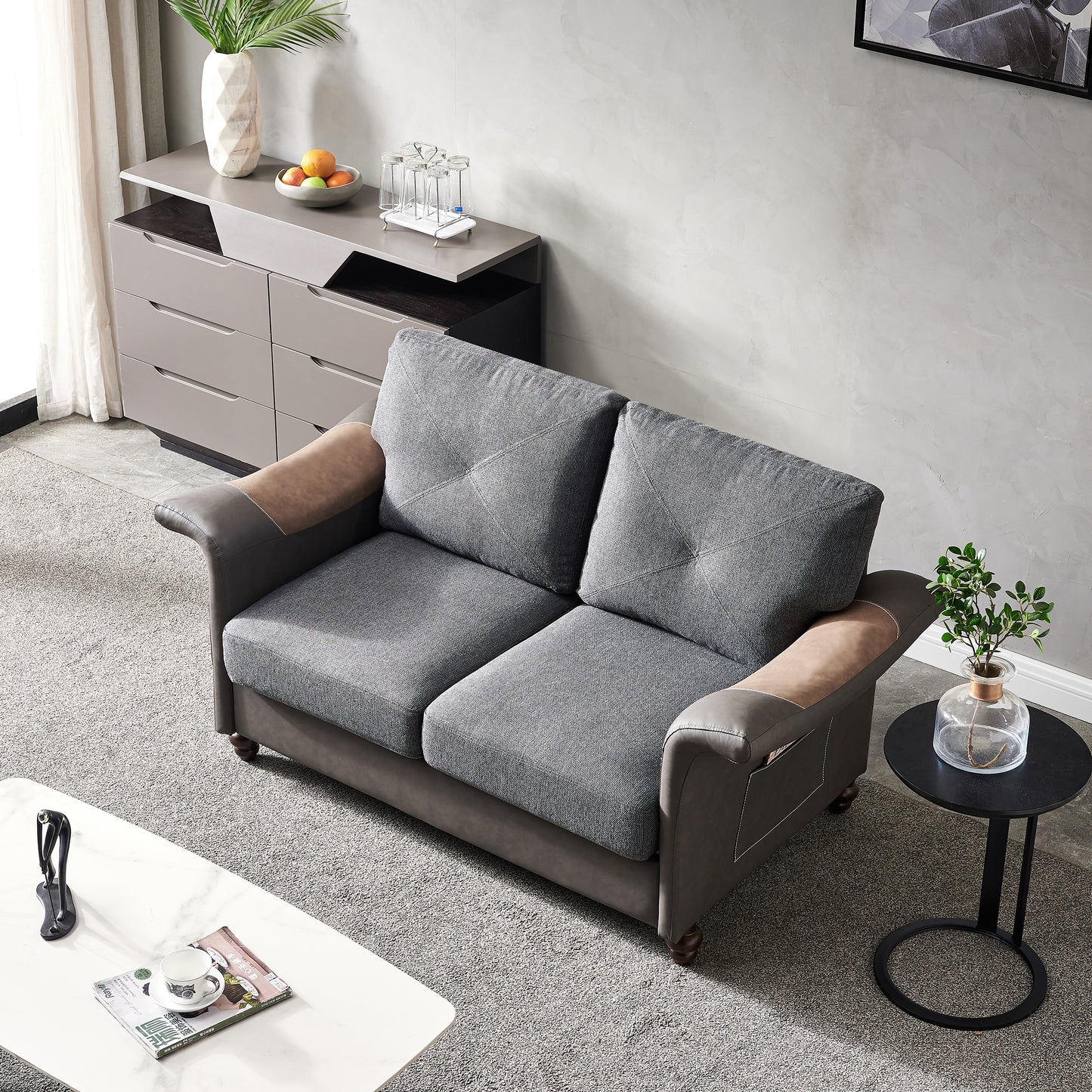 Living Room General Use Linen Fabric Faux Leather with Wood Leg Love Seat (Dark Grey)