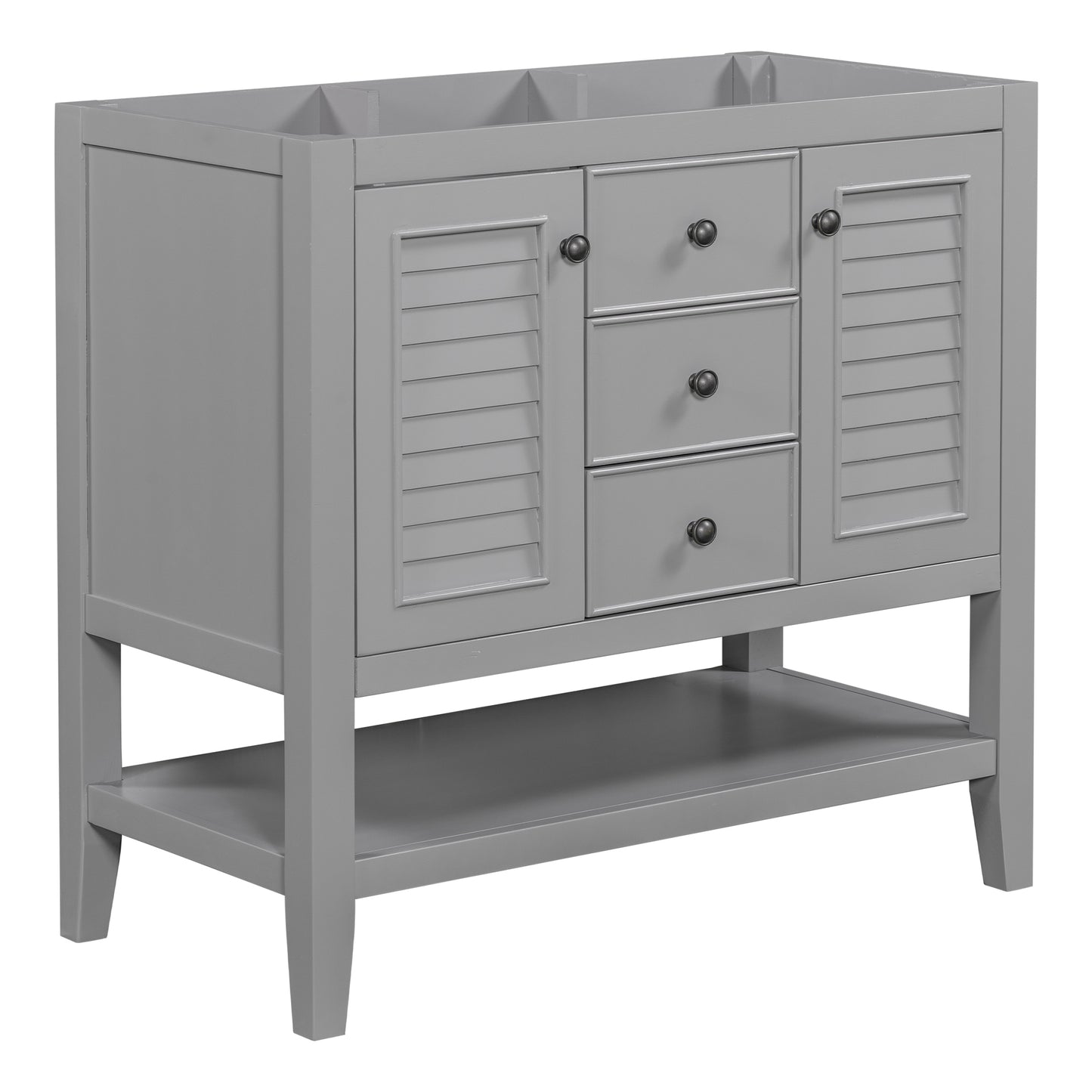 36" Bathroom Vanity without Sink, Cabinet Base Only, Two Cabinets and Drawers, Open Shelf, Solid Wood Frame, Grey