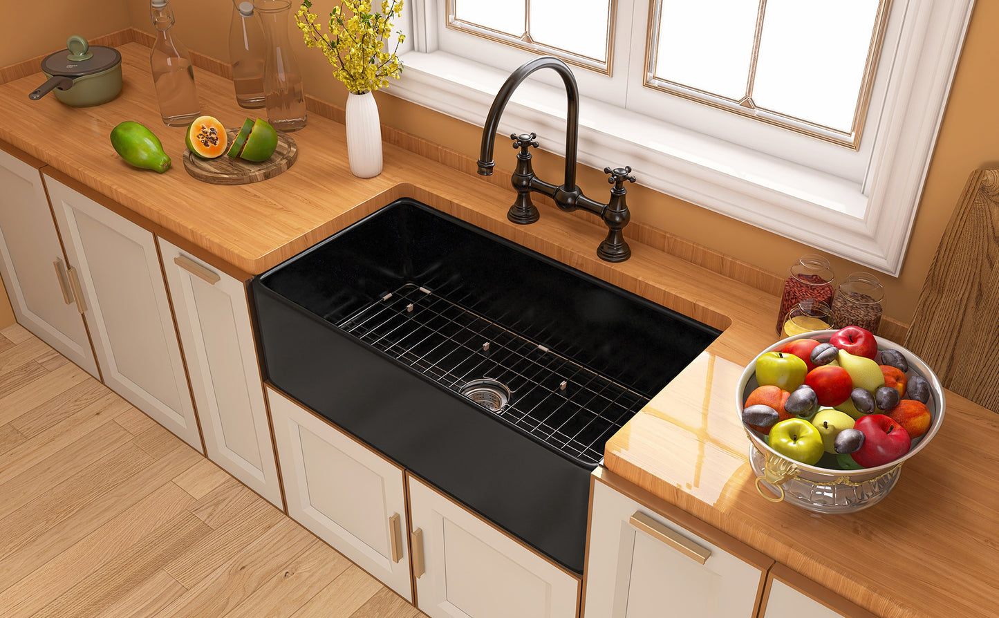 33 Black Fireclay Farmhouse Kitchen Sink with Bottom Grid and Drain