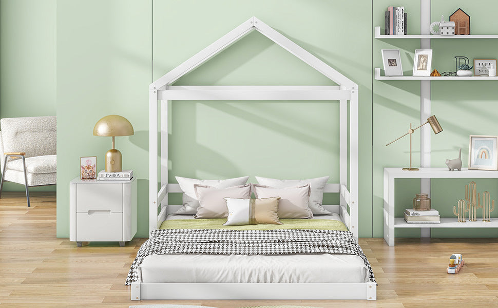 Wood Full Size House Bed with Guardrail, White