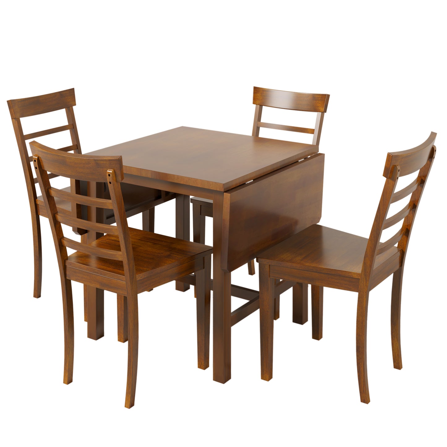 5-Piece Wood Square Drop Leaf Breakfast Nook Extendable Dining Table Set with 4 Ladder Back Chairs for Small Places, Brown