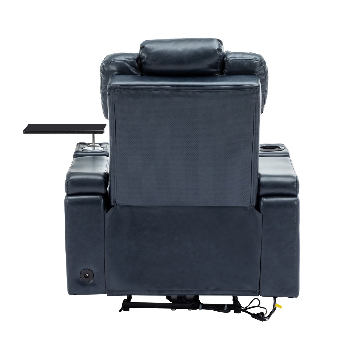 Blue Leather Power Recliner with Cooling Cup Holder, Bluetooth Speaker, and 360° Swivel Tray Table