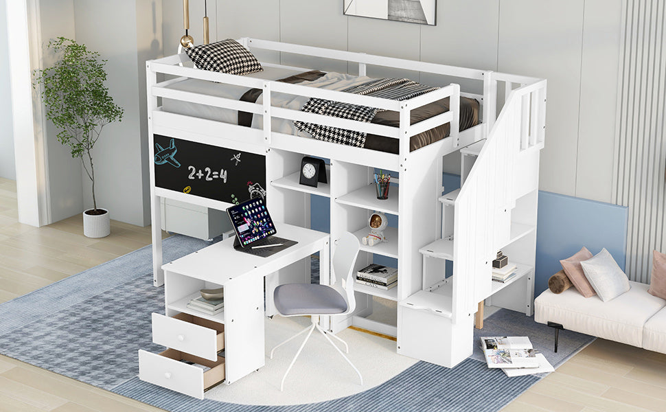 Twin Size Loft Bed with Pullable Desk and Storage Shelves,Staircase and Blackboard,White