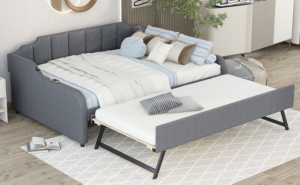 Full Size Upholstery Daybed with Trundle and USB Charging Design,Trundle can be flat or erected,Gray