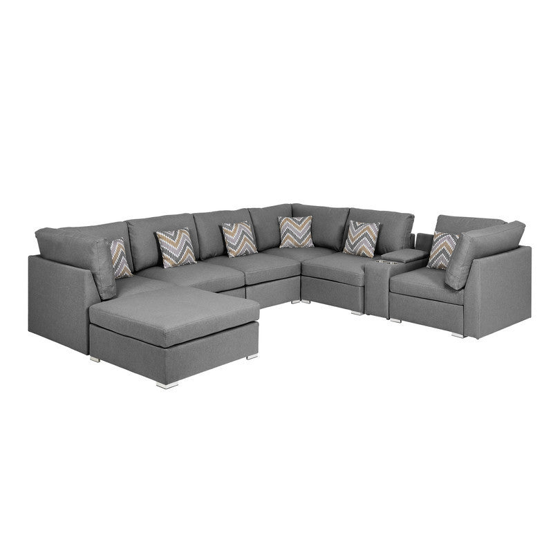 Amira Grey Fabric Configurable Sectional Sofa with USB Console and Ottoman