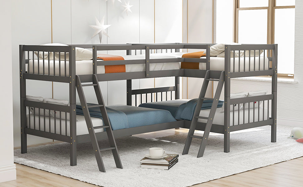 L-Shaped Twin-Size Gray Bunk Bed with Versatile Design