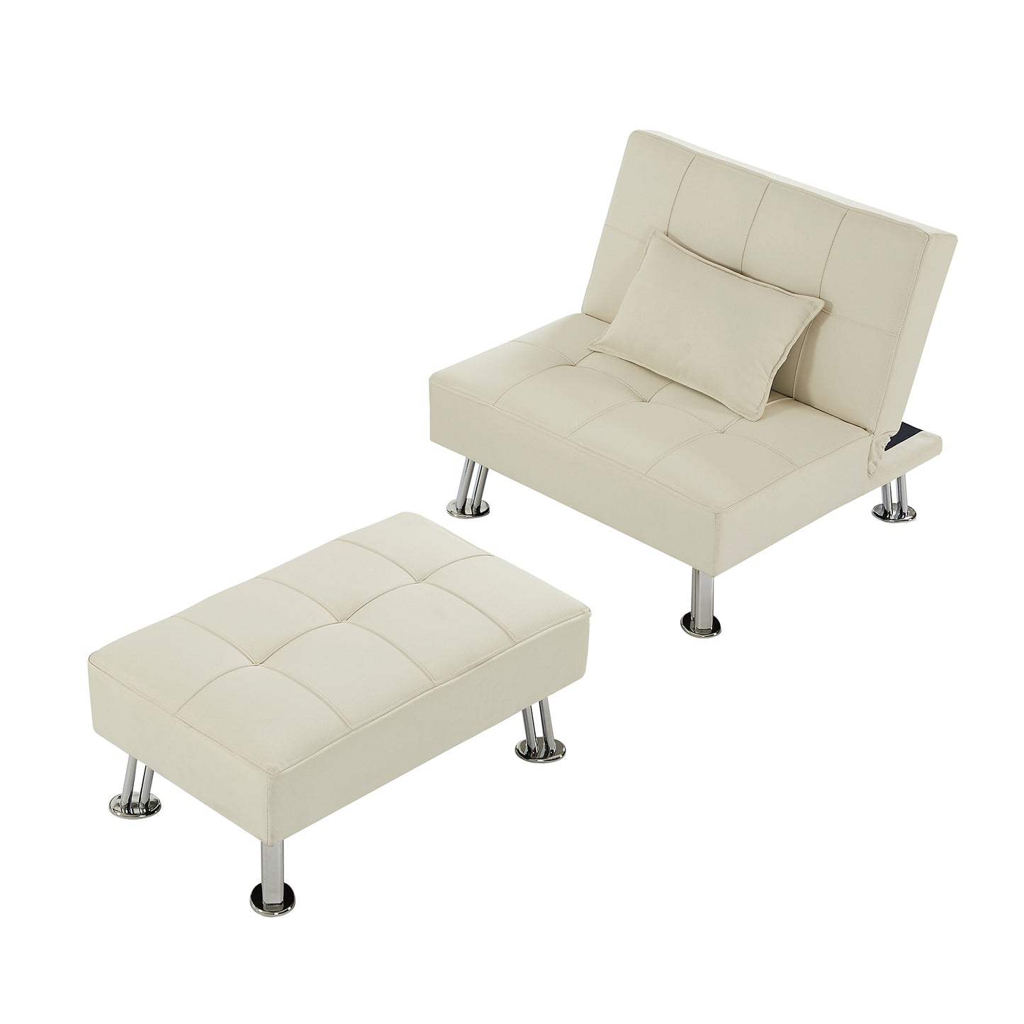 BEIGE  Fabric Single Sofa Bed with Ottoman , Convertible Folding Futon Chair, Lounge Chair Set with Metal Legs .