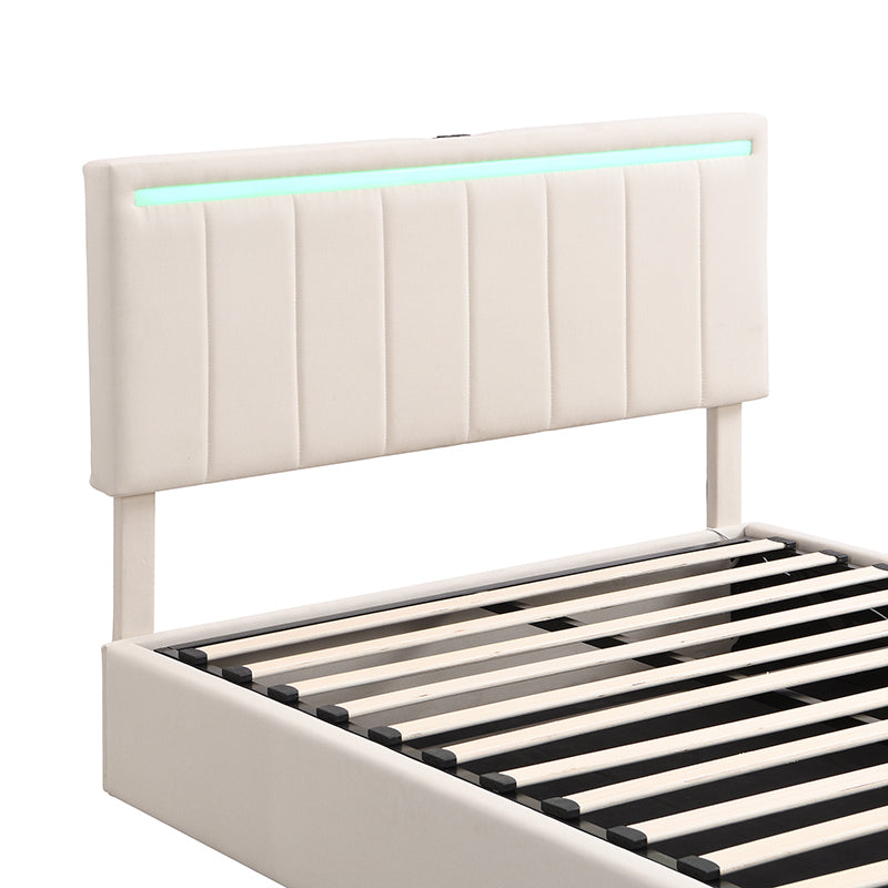 Full Size Upholstered Platform Bed with Hydraulic Storage System, LED Light, and a set of USB Ports and Sockets, Linen Fabric, Beige