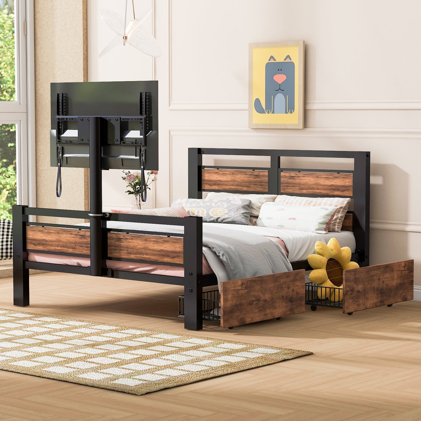 Twin Size Metal Platform Bed with MDF Headboard and Footboard,Two Storage Drawers and Rotatable TV Stand,Black - Modern Industrial Design Twin Bed with TV Stand and Storage