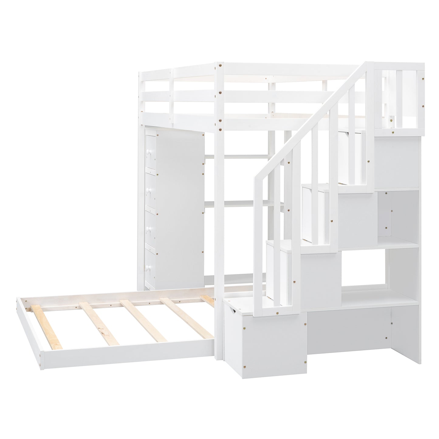 White Twin Over Full Bunk Bed with Storage Stairs & Drawers for Space-Saving Solution