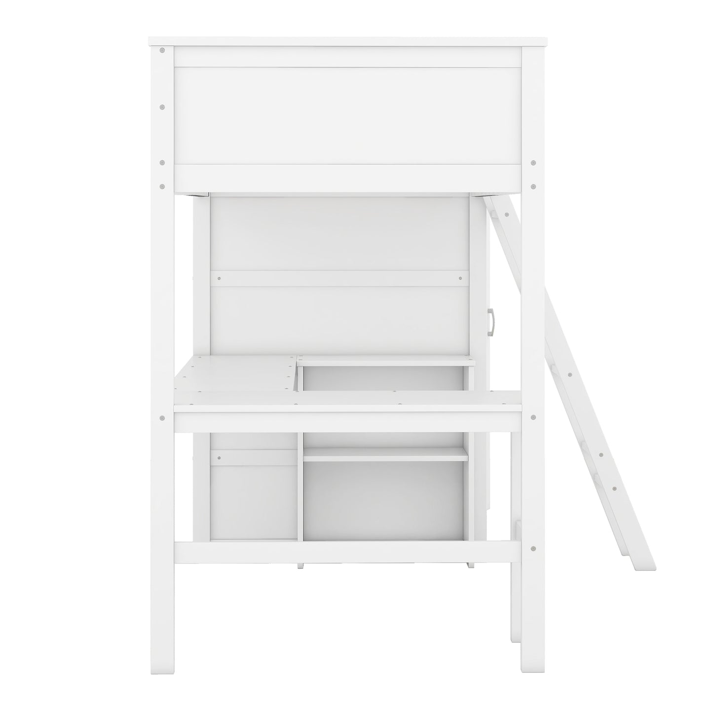 Twin size Loft Bed with Desk, Shelves and Wardrobe-White