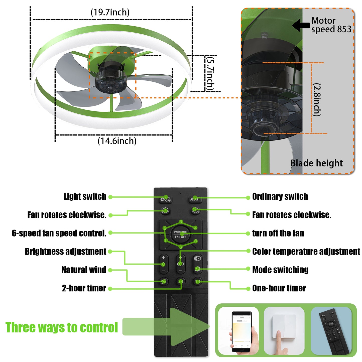 Green Modern Ceiling Fan with Dimmable LED Lights and Remote Control