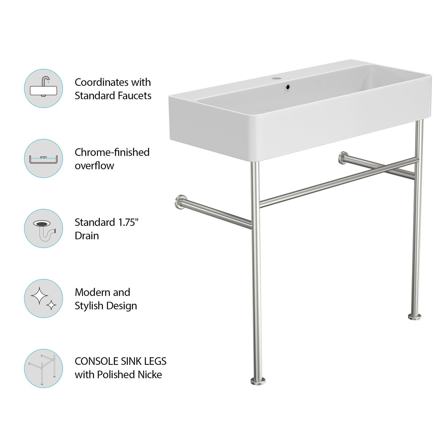 35" Bathroom Console Sink with Overflow,Ceramic Console Sink White Basin Polished Nicke Legs