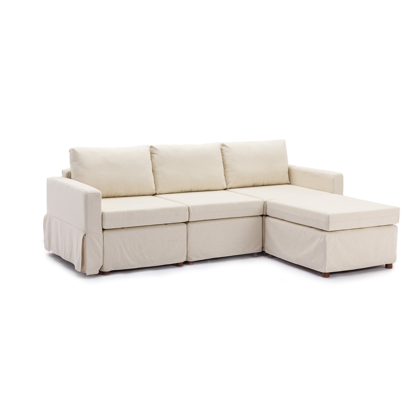 Cream Linen 3-Seat Modular Sectional Sofa Set with Ottoman