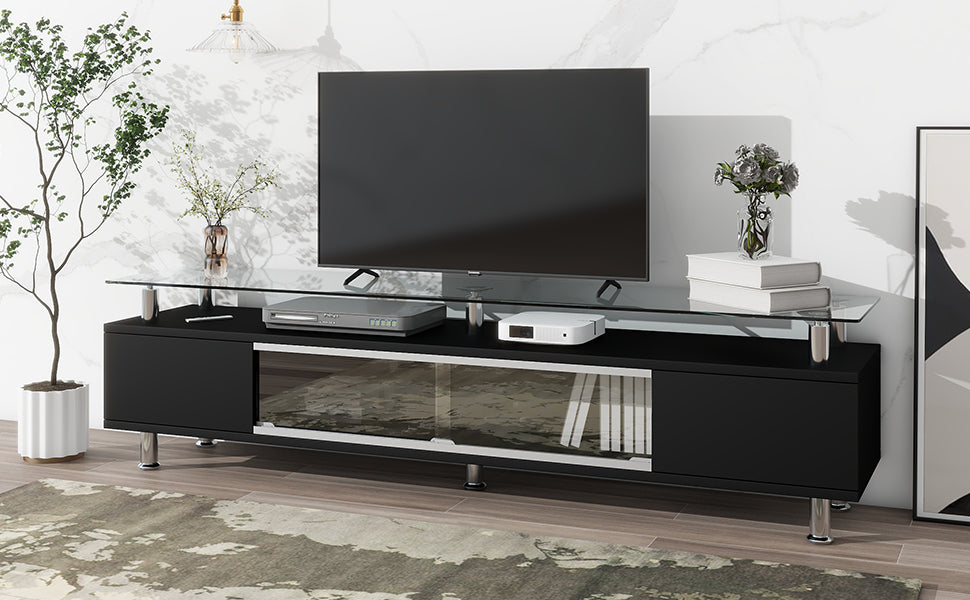 Modern Black Glass TV Stand with Sliding Door