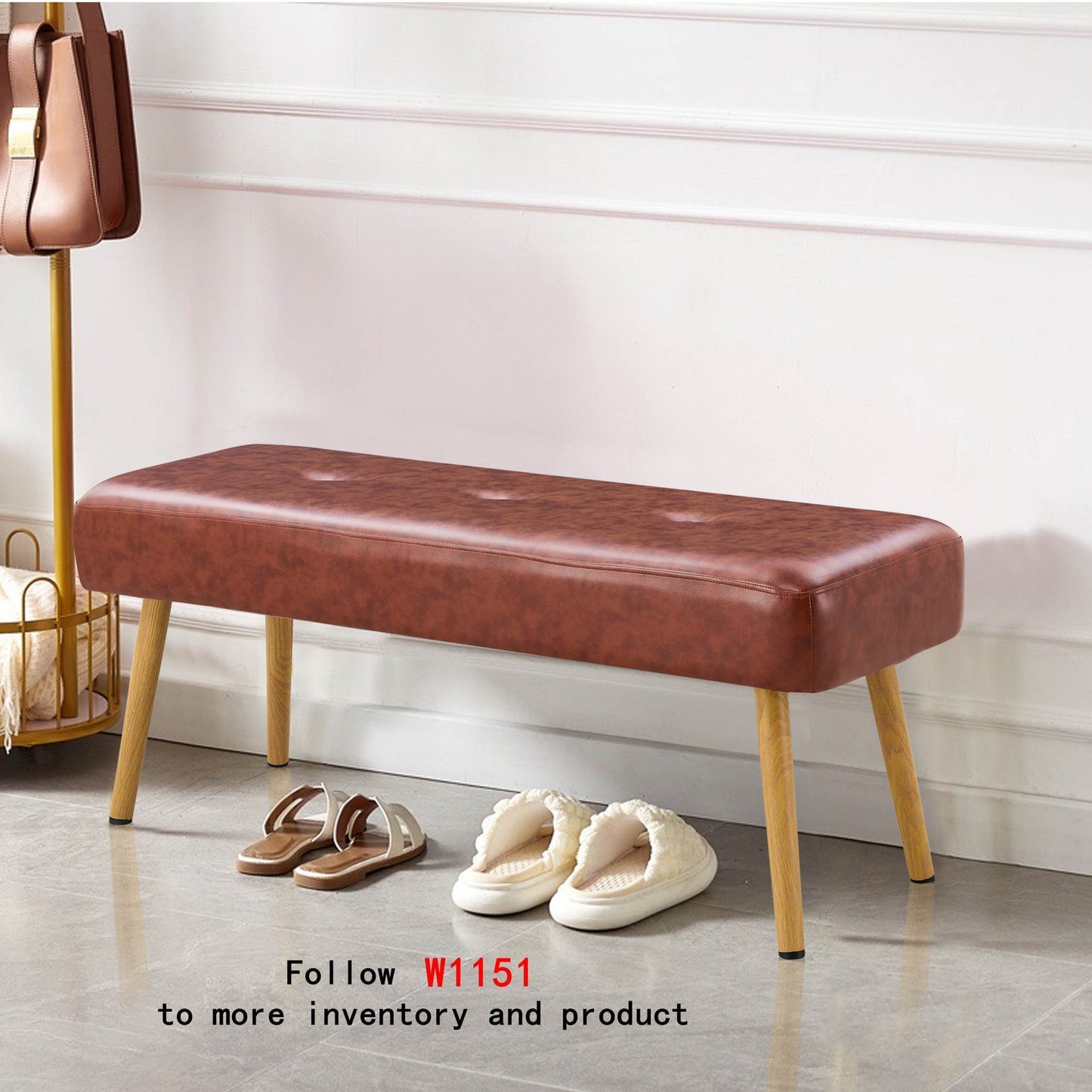 PU Upholstered Bench With Metal Legs .Shoe Changing Bench Sofa Bench Dining Chair .for to Bedroom Fitting Room, Store, Dining Room and Living Room.BrownST-004-BR