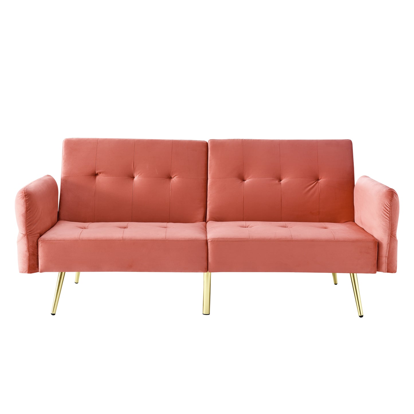 Pink Italian Velvet Convertible Sleeper Sofa Bed with Folded Armrests and Storage Bags