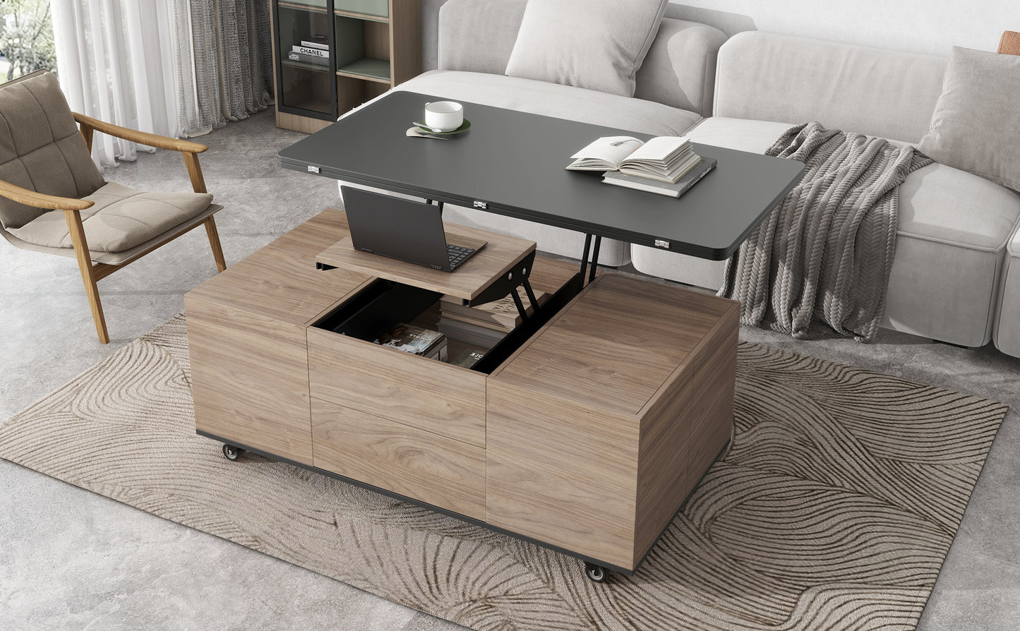 Walnut and Black Lift Top Coffee Table with Multi Functional Drawers