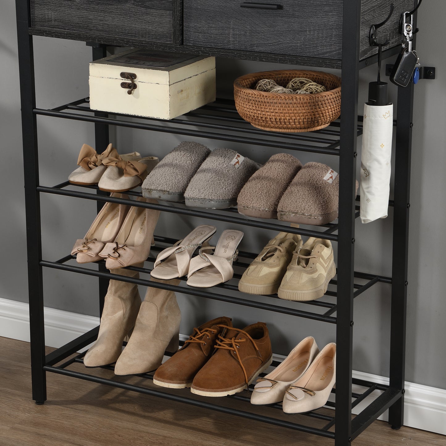 Entryway 4-tier Shoe Shelf with Two Drawers and Coat Rack, One Set Entryway Show Rack with Storage and Hooks