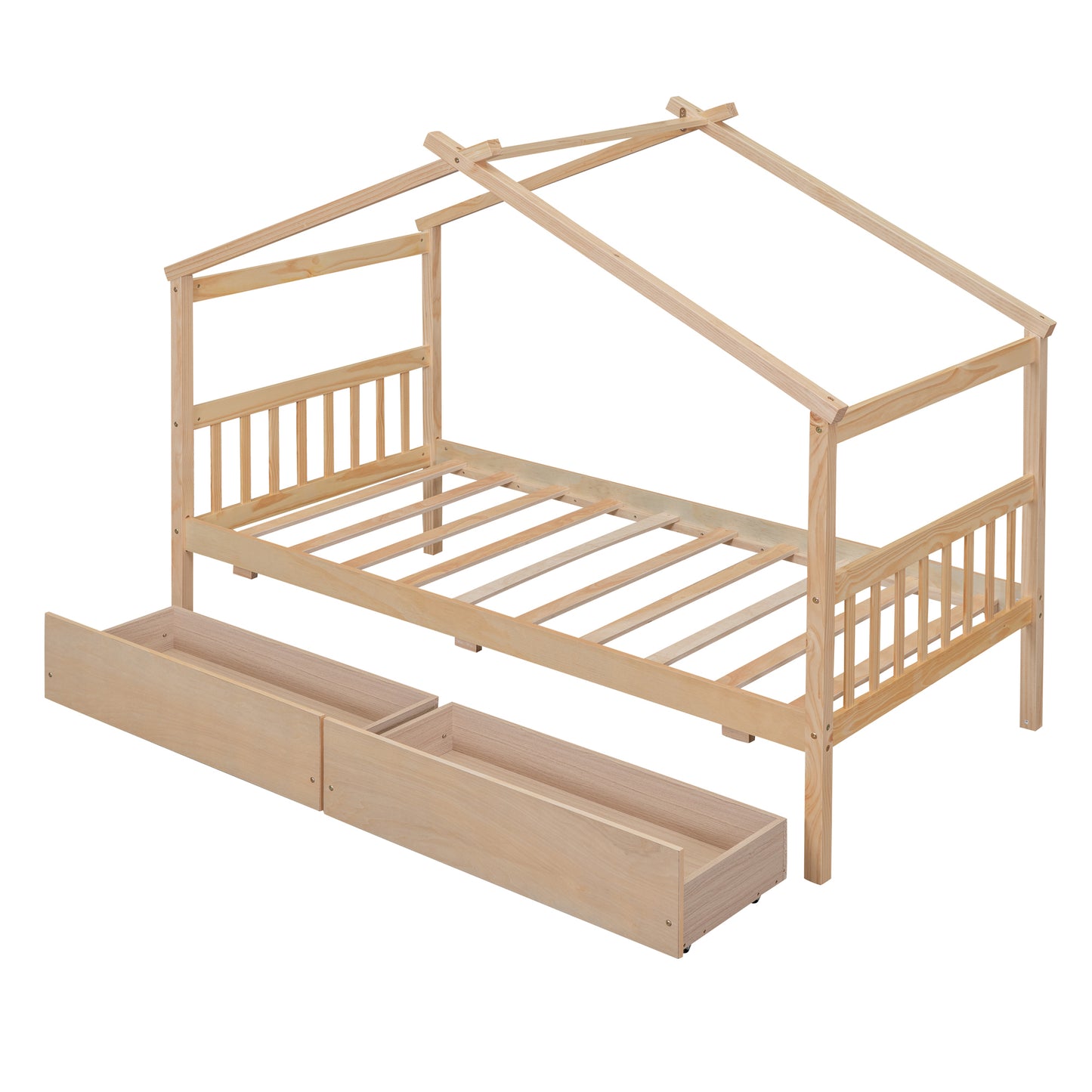 Twin Size Wooden House Bed with Drawers, Natural