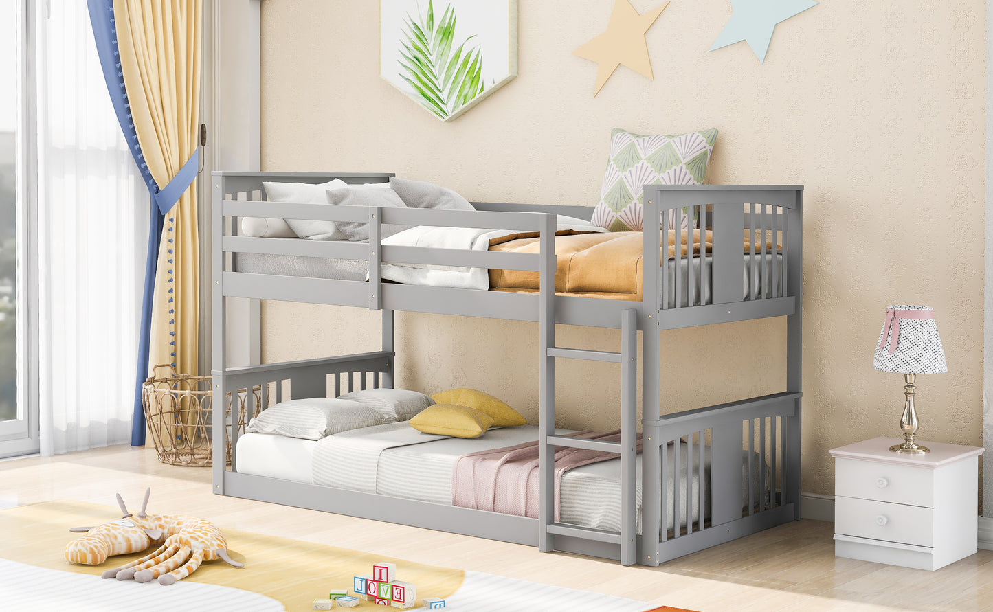 Gray Twin Bunk Bed with Built-in Ladder