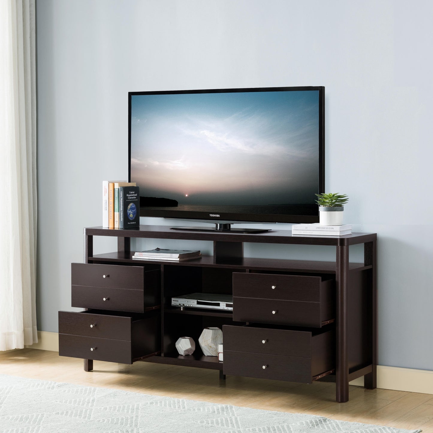 Modern Red Cocoa TV Stand and Buffet with Two-Tier Shelving and Eight Drawers.