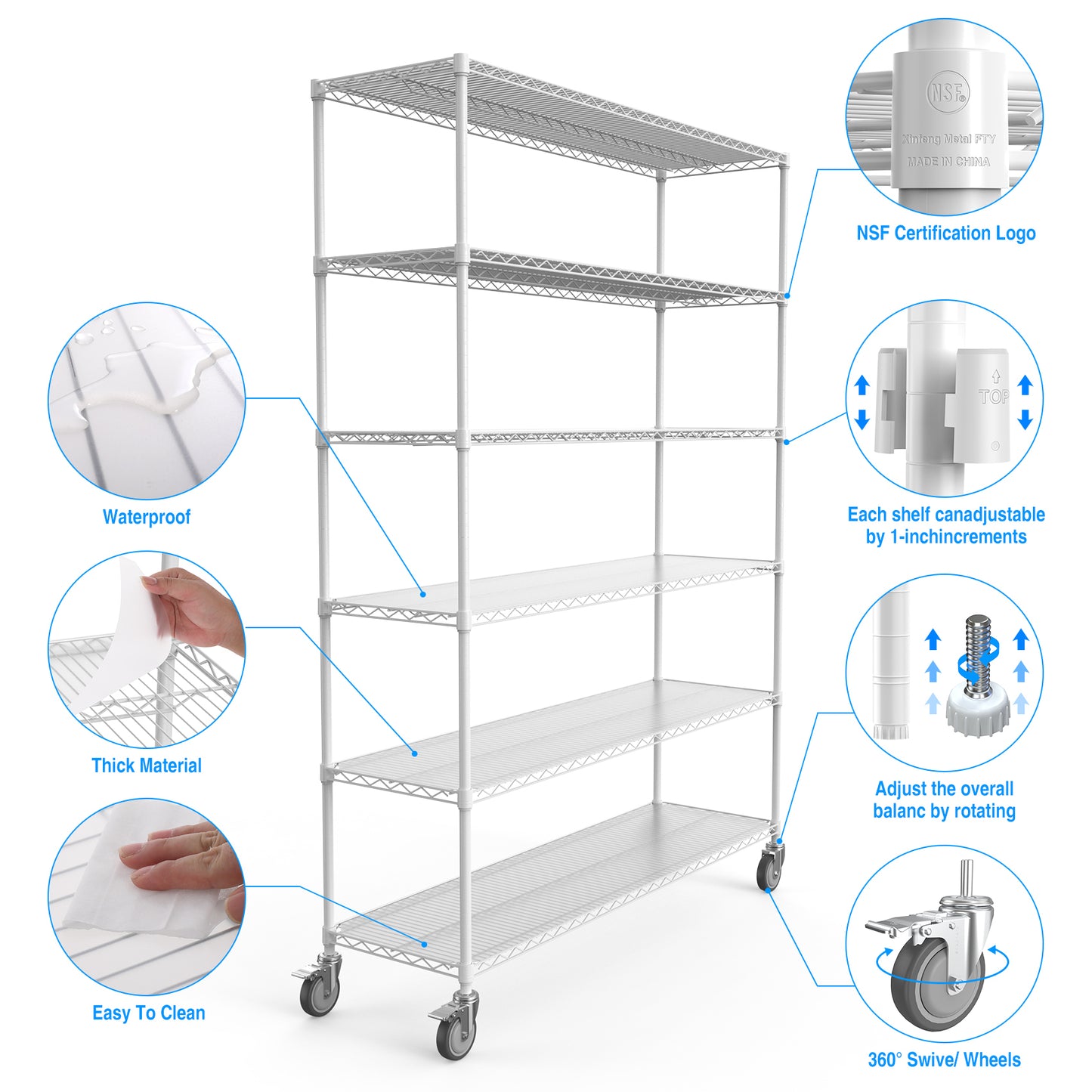 6 Tier Wire Shelving Unit, 6000 LBS NSF Height Adjustable Metal Garage Storage Shelves with Wheels, Heavy Duty Storage Wire Rack Metal Shelves - White - 186082