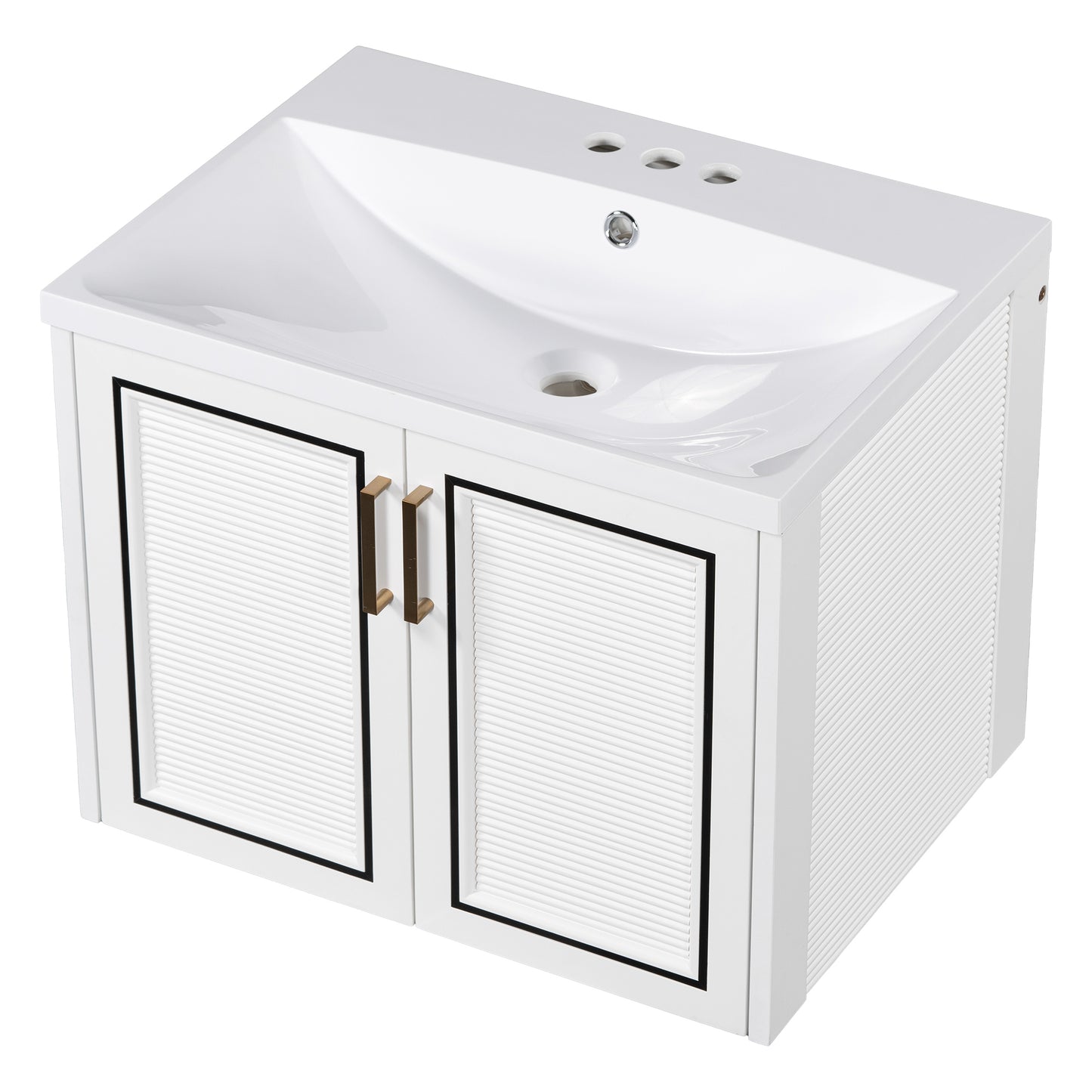 24" Wall Mounted Bathroom Vanity with Ceramic Basin, Two Shutter Doors, Solid Wood & MDF Board, White (One Package)