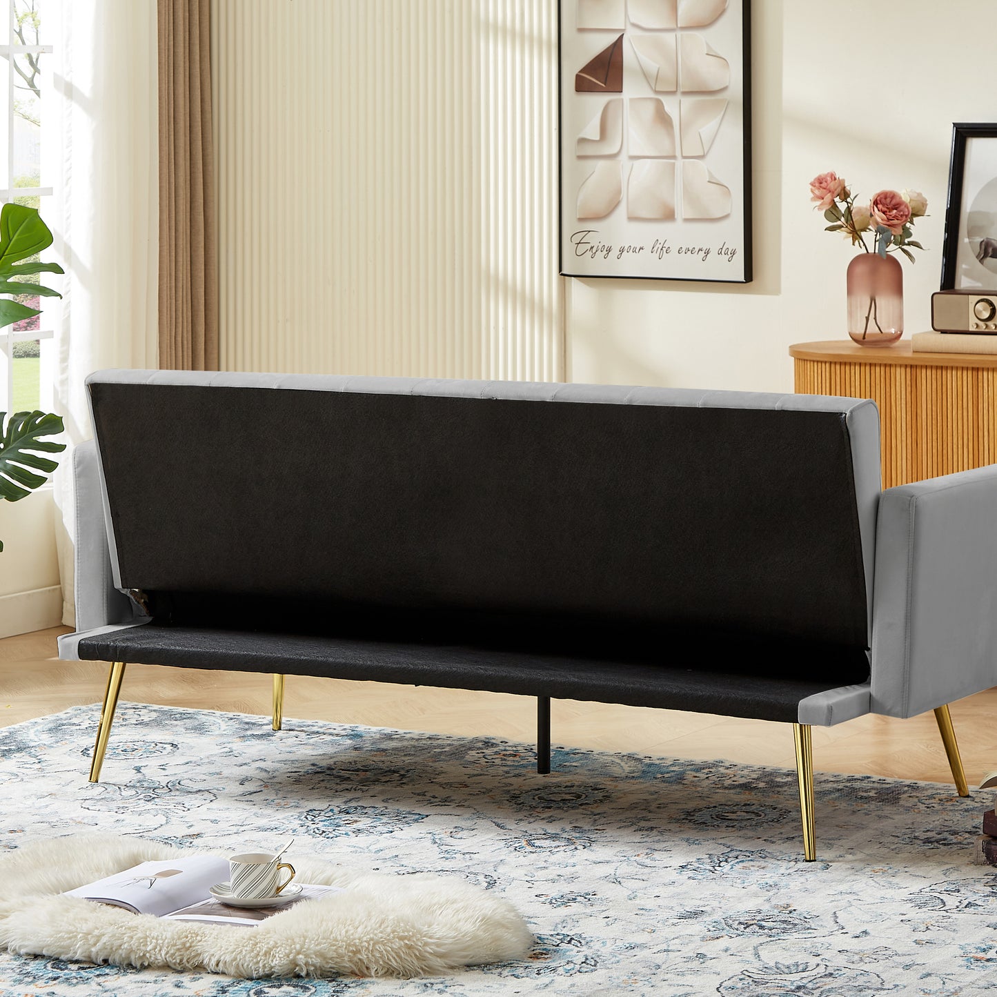 Morden Velvet Futon Sofa Bed for Living Room, Convertible 3 Adjustable Couch Loveseat with Metal Leg