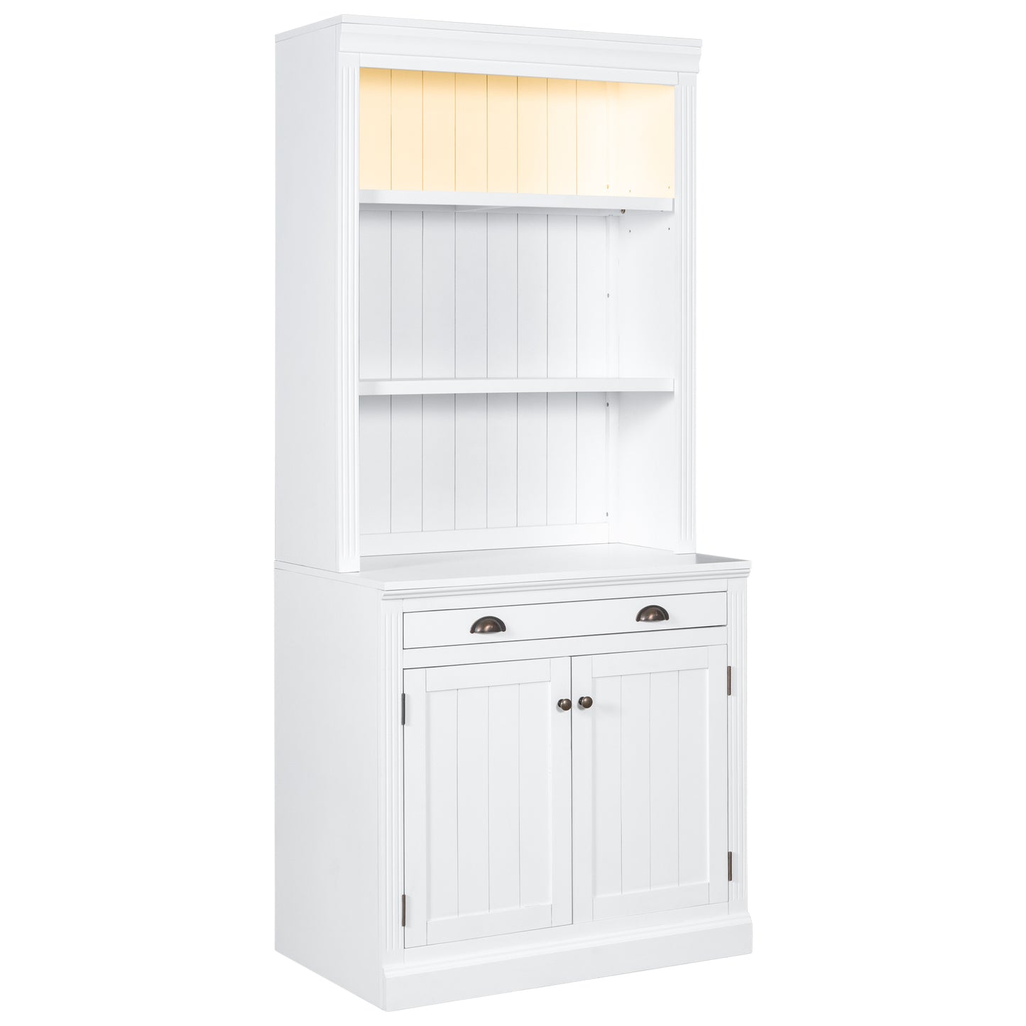 83.4 Tall 2-Piece White Bookshelf & Writing Desk Set with LED Lighting, Storage Drawers, and Doors