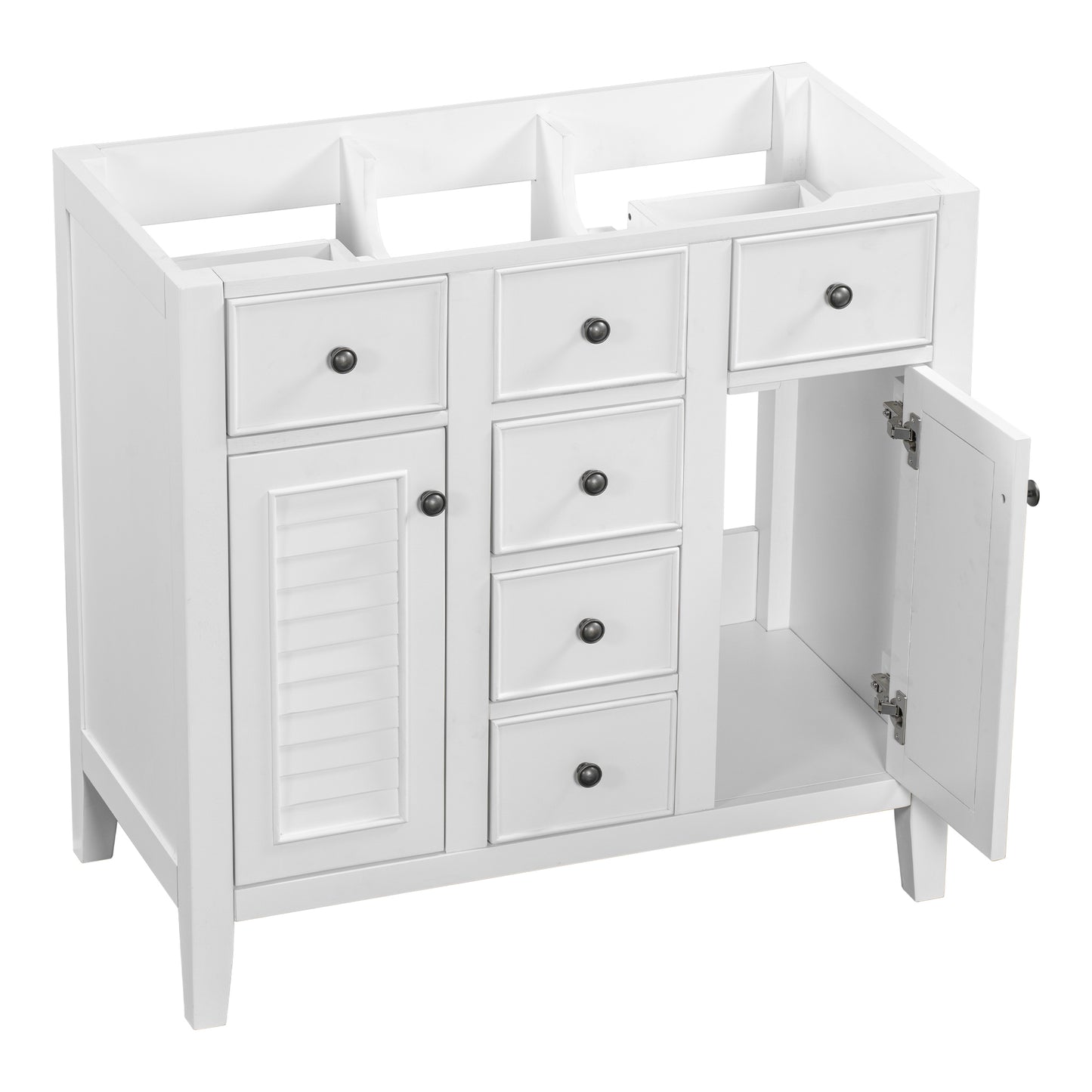 36" Bathroom Vanity without Sink, Cabinet Base Only, Two Cabinets and Five Drawers, Solid Wood Frame, White