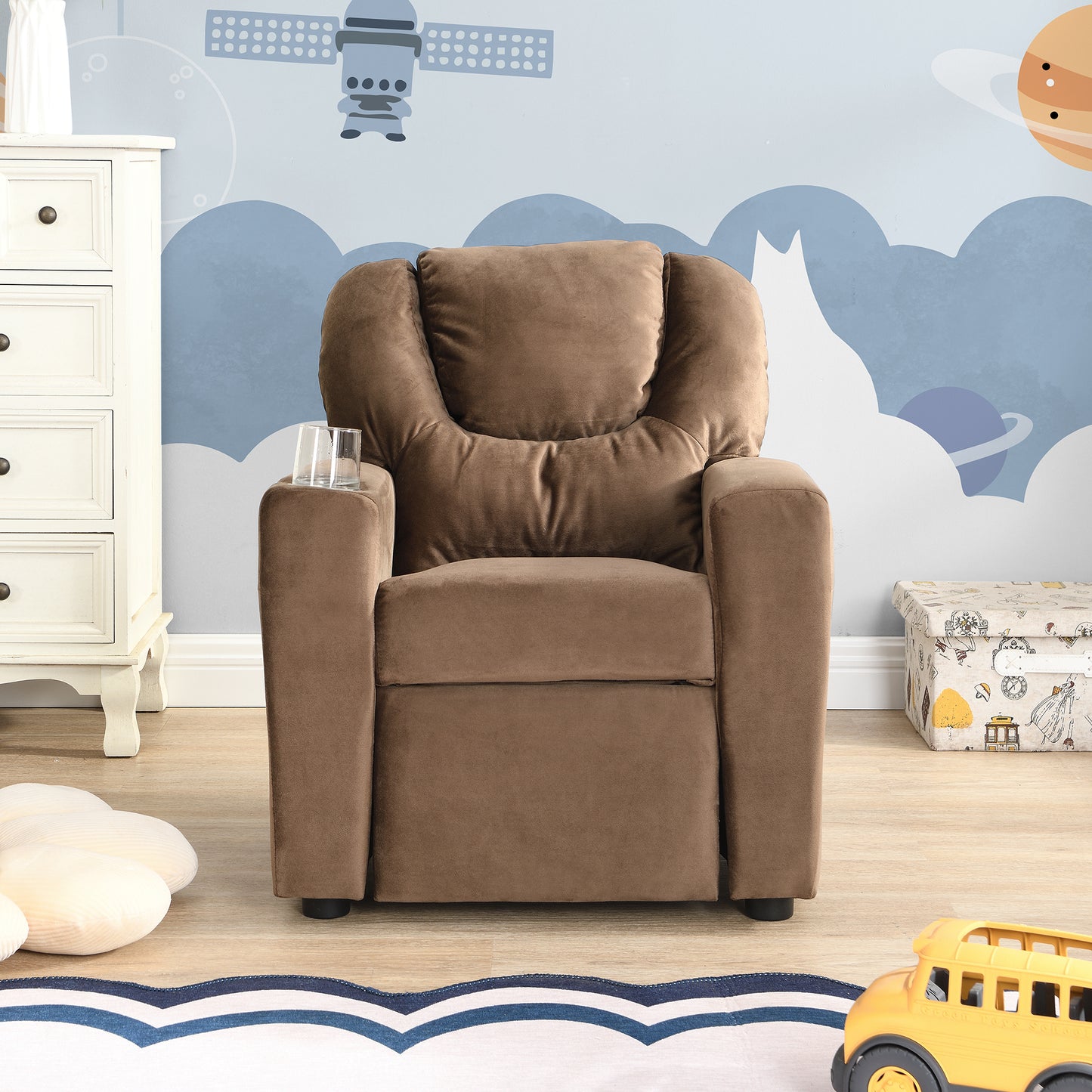 Kids Velvet Recliner Chair with Cup Holder and Footrest