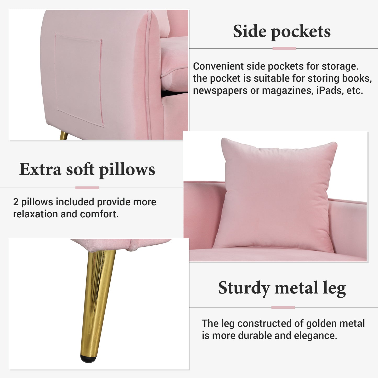 Velvet Upholstered Sofa with Armrest Pockets and 2 Pillows, Pink, 3-Seat