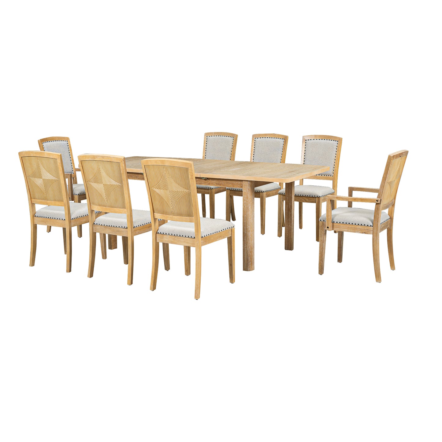 Rustic Extendable 84inch Dining Table Set with 24inch Removable Leaf , 6 Upholstered Armless Dining Chairs and 2 Padded Arm Chairs, 9 Pieces, Natural